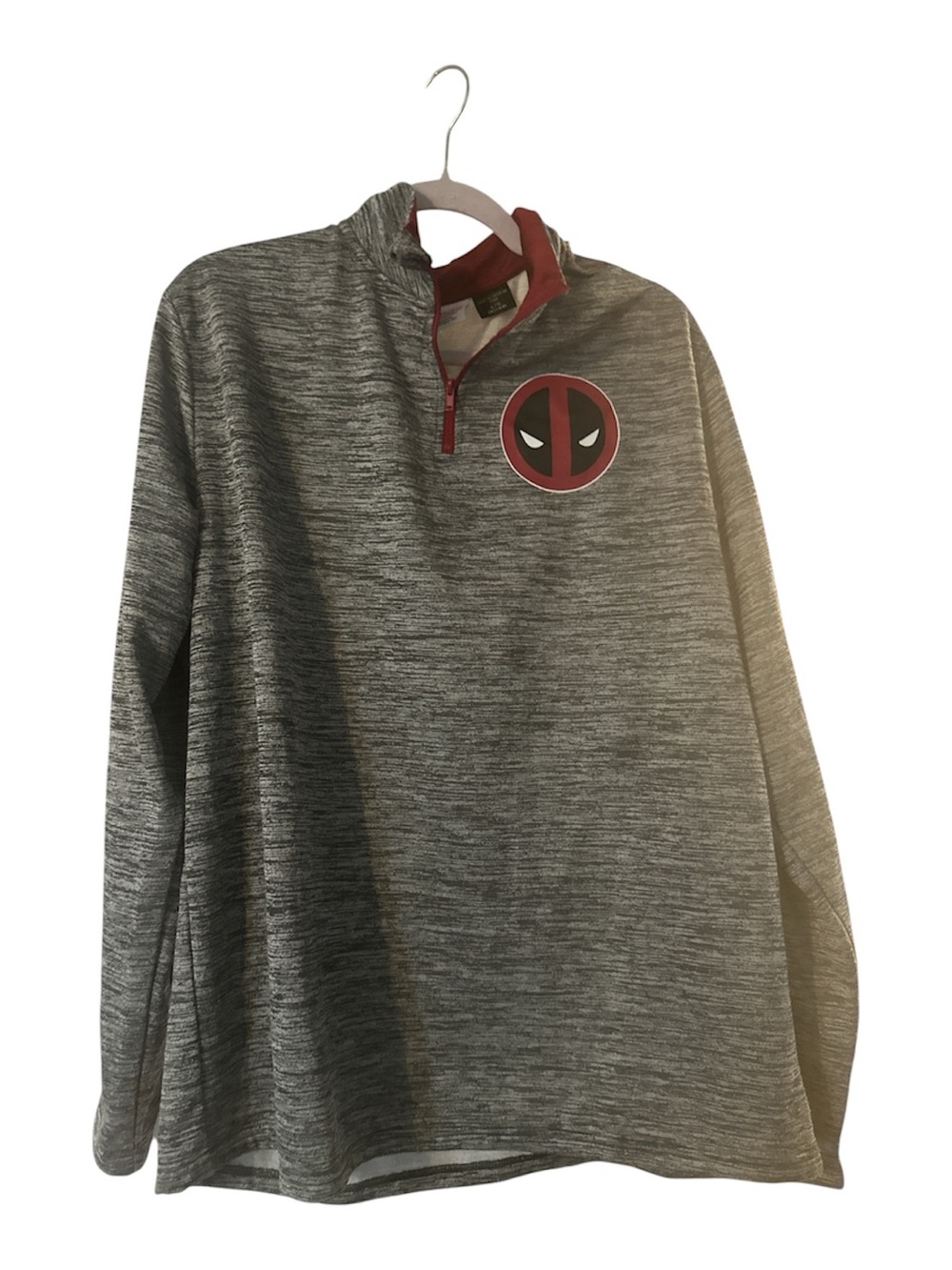Marvel Men's Heather Gray Quarter-Zip Pullover with Red Deadpool Emblem large